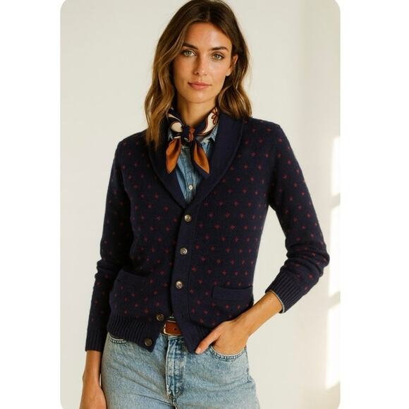 Merona 100% Cotton Navy Red Polka Dot Heritage Preppy Shawl Collar Cardigan - Picture 1 of 10
